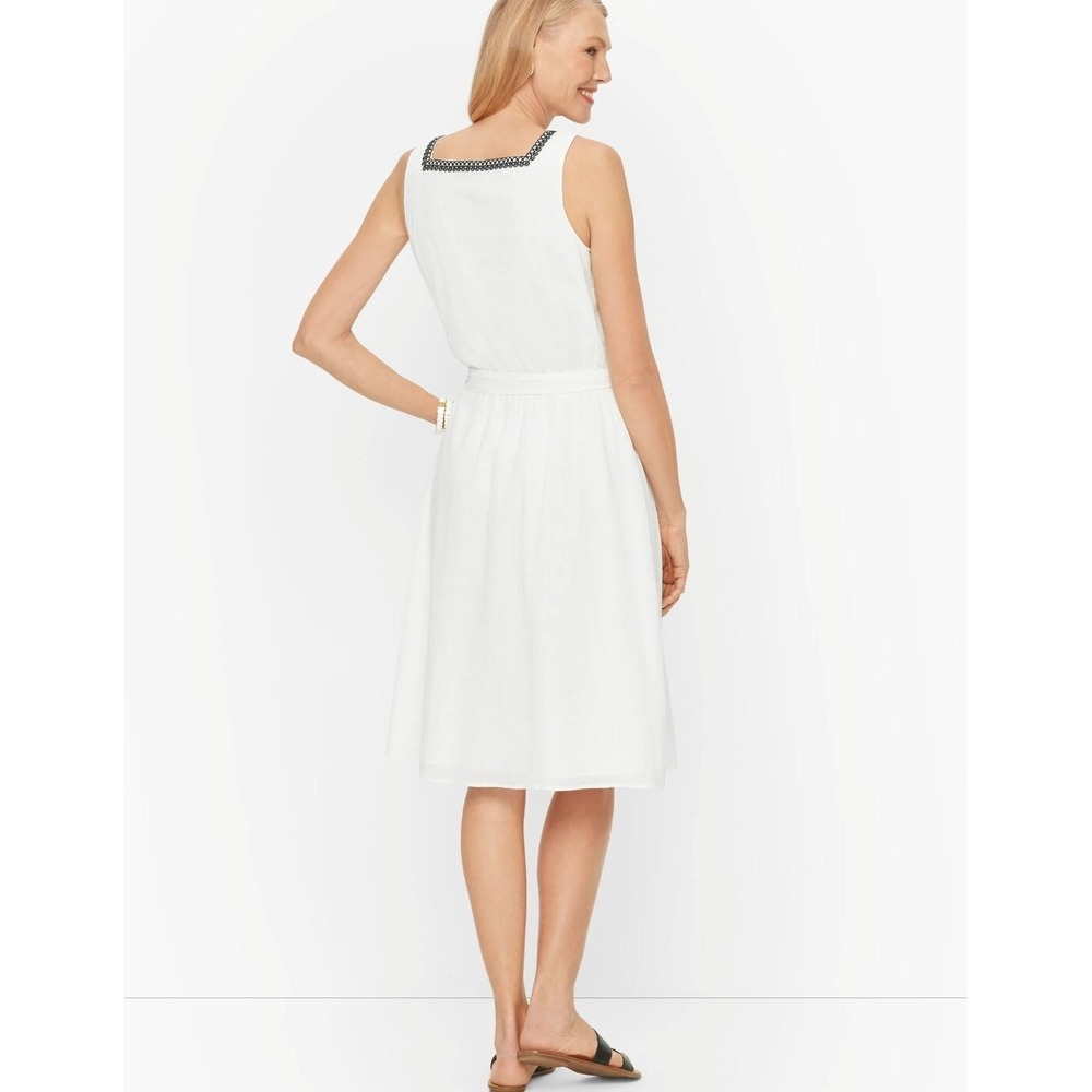 Talbots White Cotton Gauze Square Neck Embroidered Belted‎ Dress Size 4 - Picture 2 of 12
